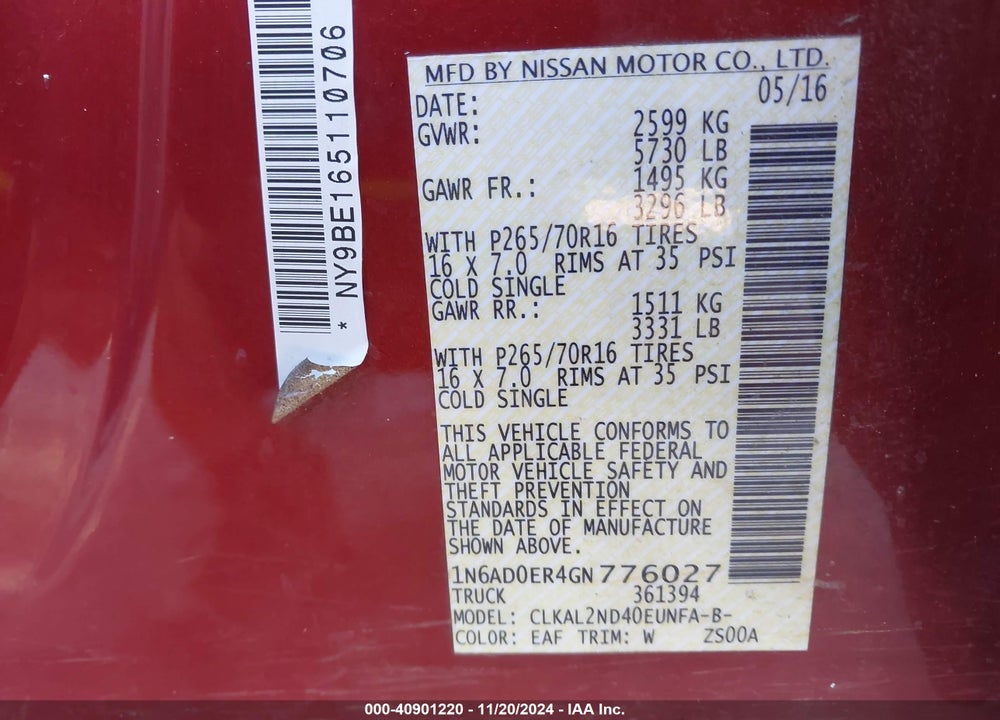 2016 NISSAN FRONTIER SV VIN: 1N6AD0ER4GN776027