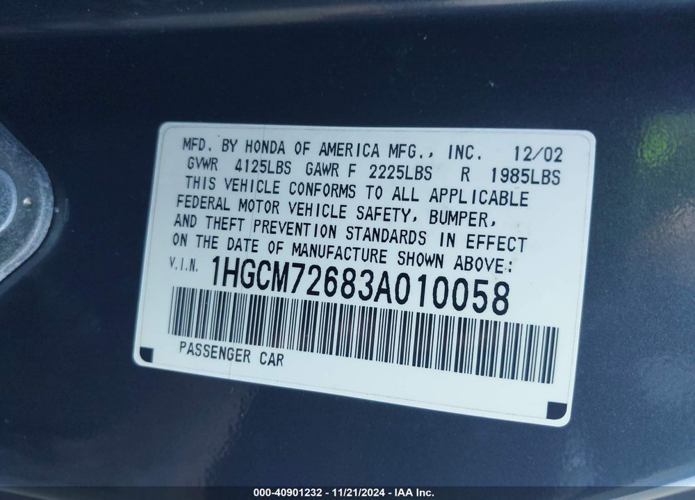 2003 HONDA ACCORD 2.4 EX VIN: 1HGCM72683A010058