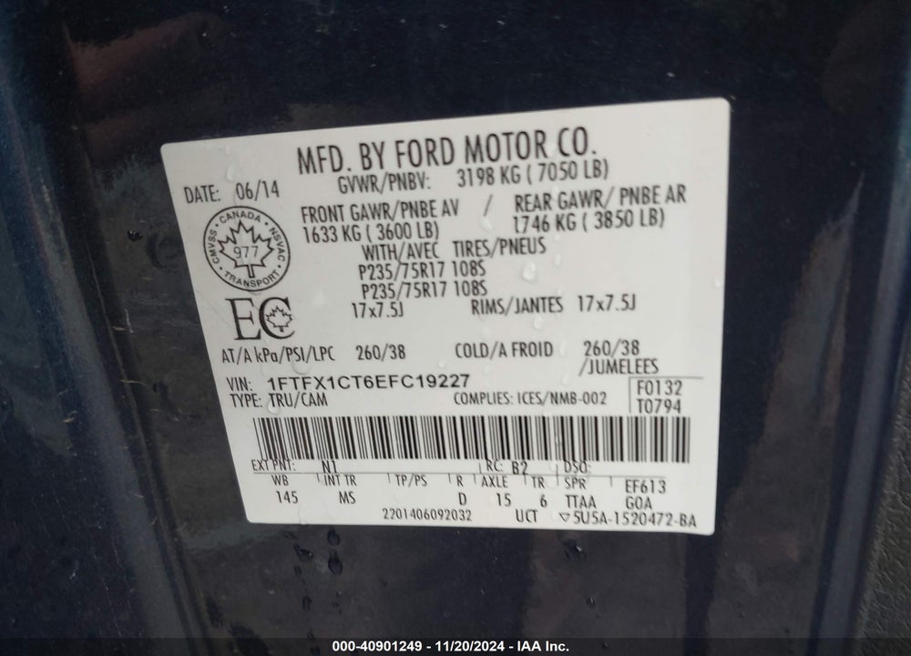2014 FORD F-150 XLT VIN: 1FTFX1CT6EFC19227