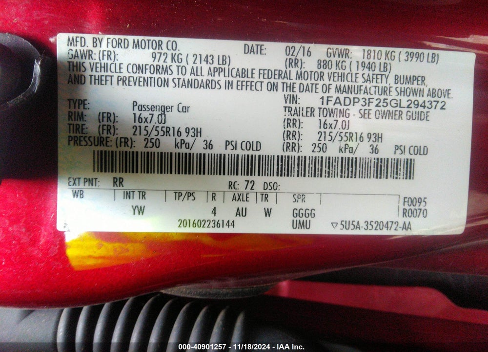 2016 FORD FOCUS SE VIN: 1FADP3F25GL294372