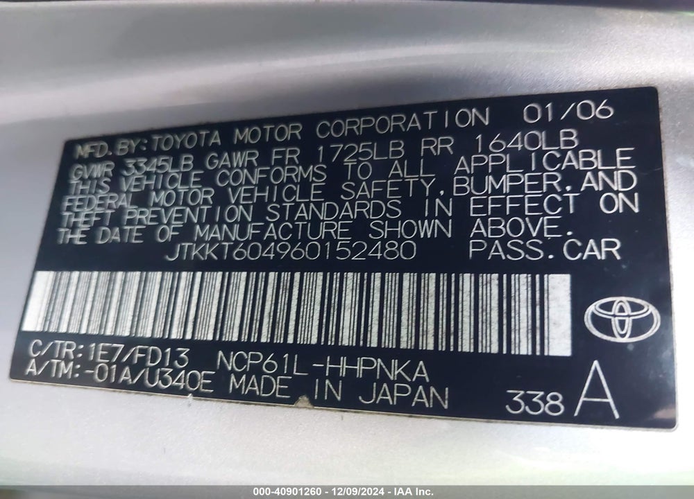2006 SCION XA VIN: JTKKT604960152480