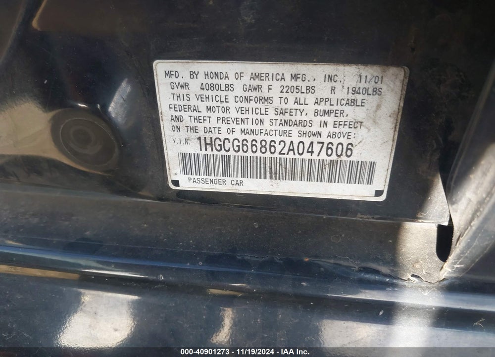 2002 HONDA ACCORD 2.3 EX/2.3 SE VIN: 1HGCG66862A047606
