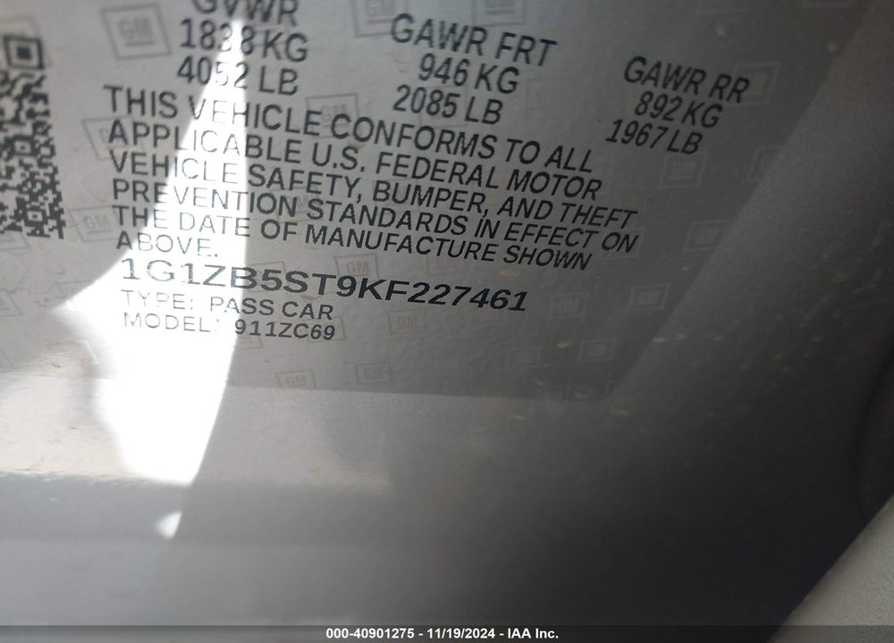 2019 CHEVROLET MALIBU 1LS VIN: 1G1ZB5ST9KF227461