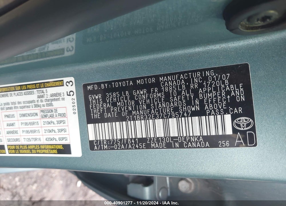 2007 TOYOTA COROLLA LE VIN: 2T1BR32E37C795747