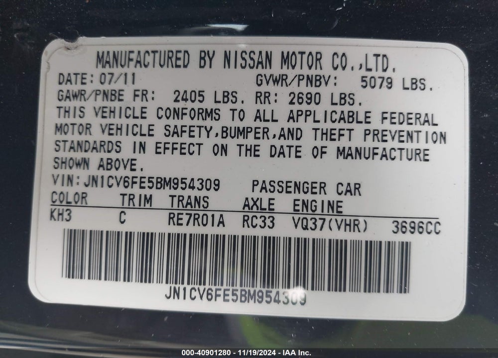 2011 INFINITI G37 VIN: JN1CV6FE5BM954309