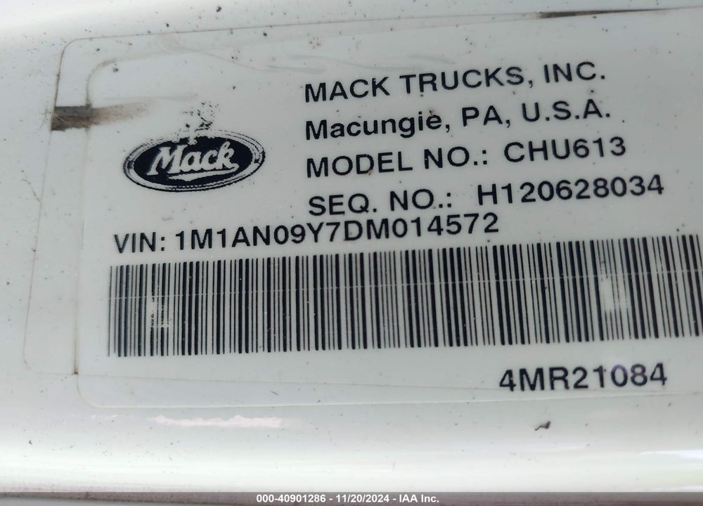 2013 MACK CHU613 CHU600 VIN: 1M1AN09Y7DM014572