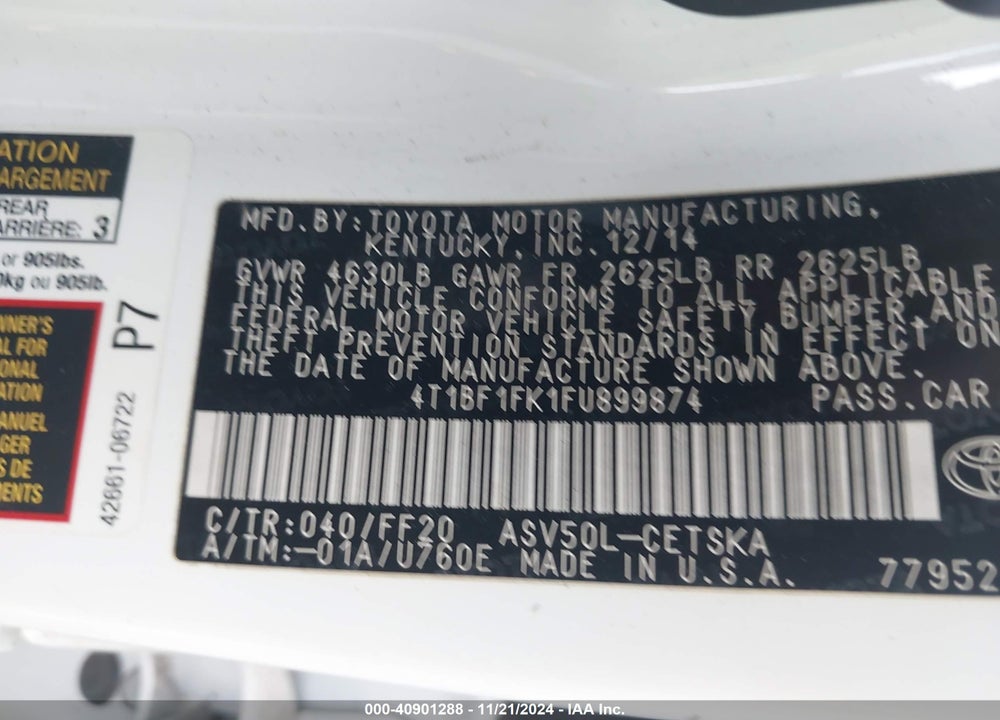 2015 TOYOTA CAMRY SE VIN: 4T1BF1FK1FU899874