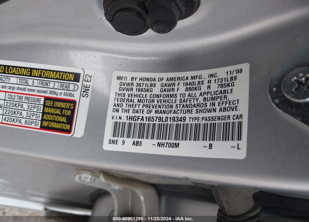 2009 HONDA CIVIC LX VIN: 1HGFA16579L019349