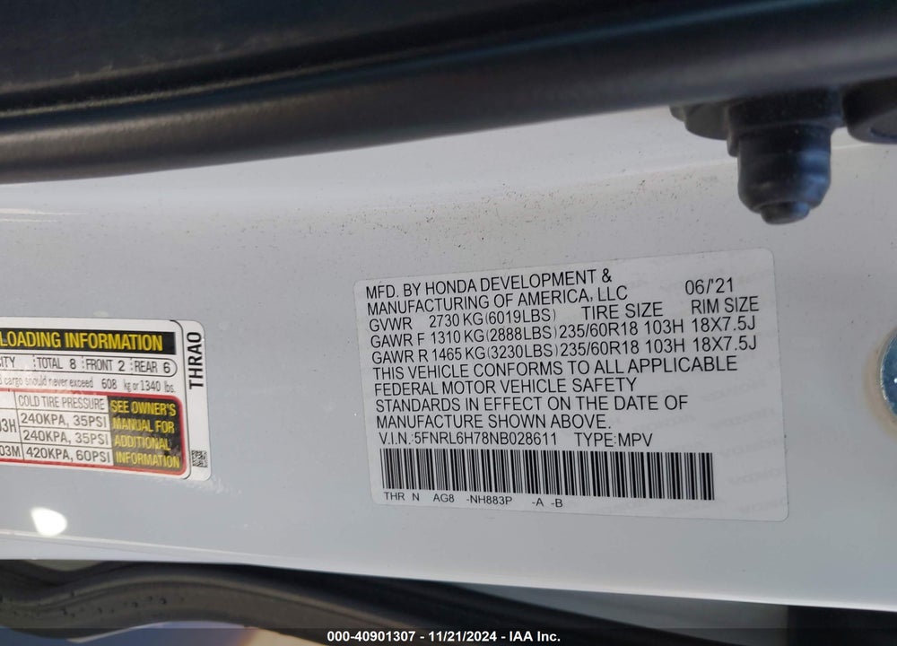 2022 HONDA ODYSSEY EX-L VIN: 5FNRL6H78NB028611
