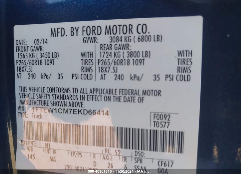 2014 FORD F-150 XLT VIN: 1FTEW1CM7EKD66414