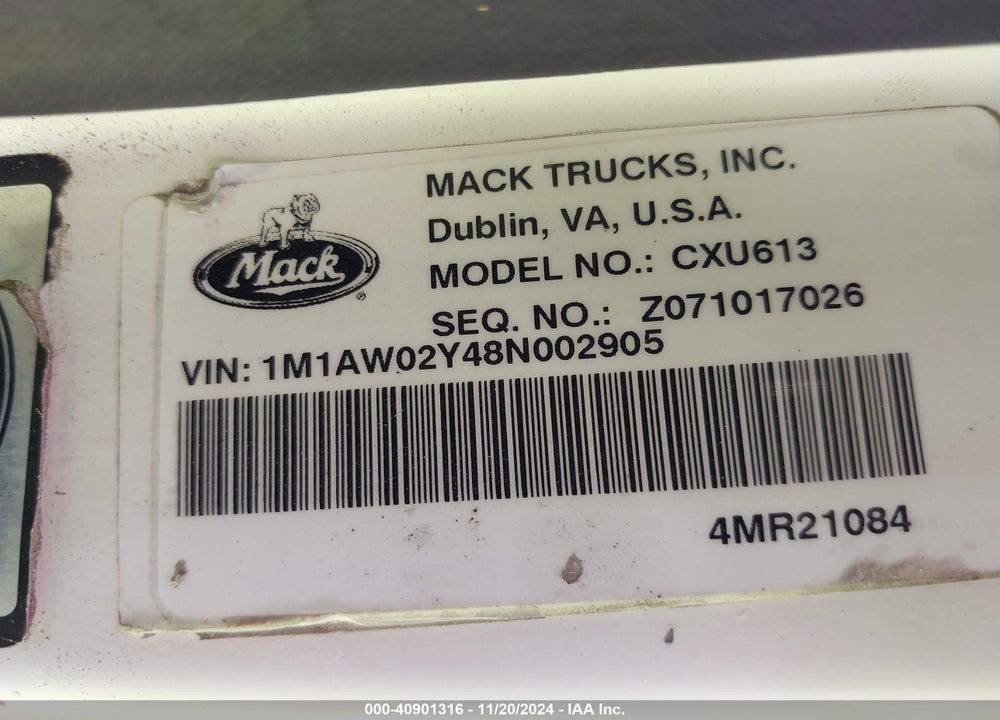 2008 MACK CXU613 CXU600 VIN: 1M1AW02Y48N002905
