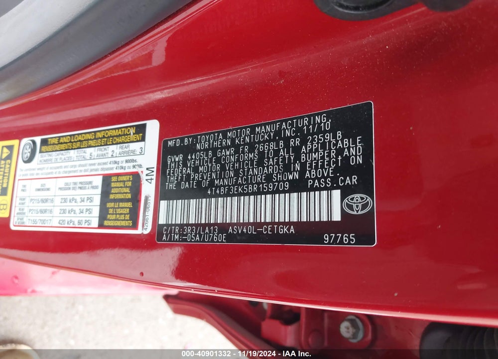 2011 TOYOTA CAMRY XLE VIN: 4T4BF3EK5BR159709