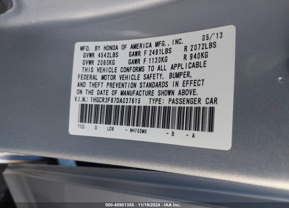 2013 HONDA ACCORD EX-L V-6 VIN: 1HGCR3F87DA037615