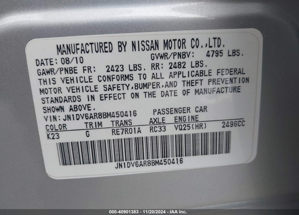 2011 INFINITI G25X VIN: JN1DV6AR8BM450416