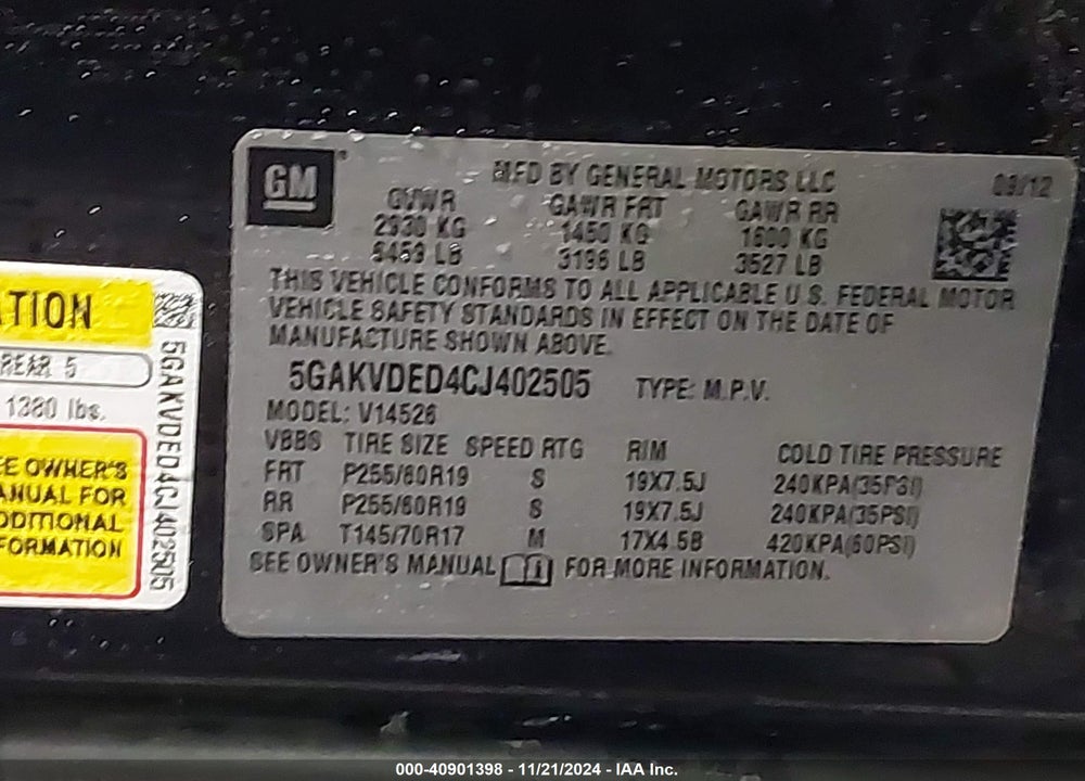 2012 BUICK ENCLAVE PREMIUM VIN: 5GAKVDED4CJ402505
