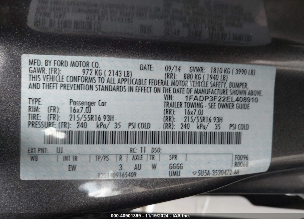 2014 FORD FOCUS SE VIN: 1FADP3F22EL408910