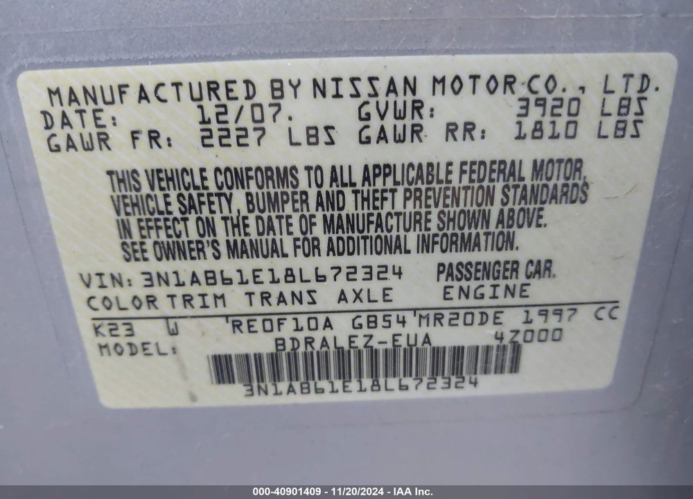 2008 NISSAN SENTRA VIN: 3N1AB61E18L672324
