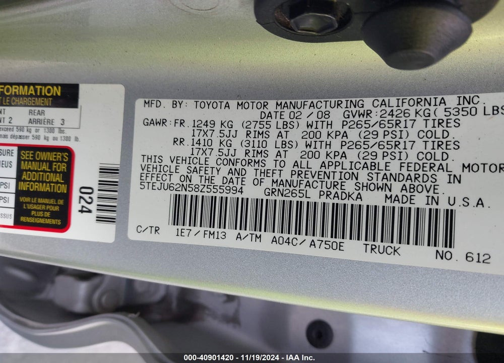 2008 TOYOTA TACOMA DOUBLE CAB PRERUNNER VIN: 5TEJU62N58Z555994