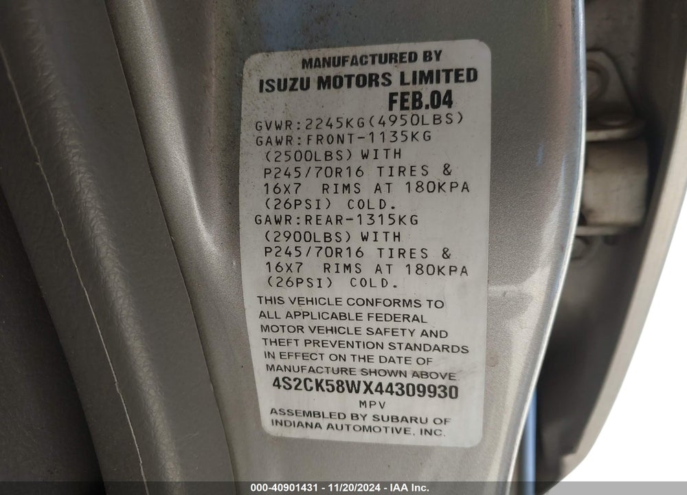 2004 ISUZU RODEO S 3.2L V6 VIN: 4S2CK58WX44309930