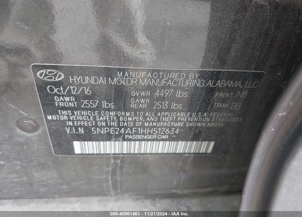 2017 HYUNDAI SONATA SE VIN: 5NPE24AF1HH512634