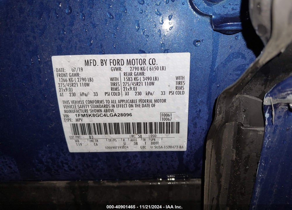 2020 FORD EXPLORER ST VIN: 1FM5K8GC4LGA28096
