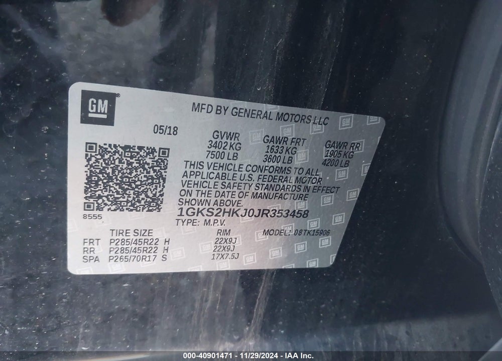 2018 GMC YUKON XL DENALI VIN: 1GKS2HKJ0JR353458