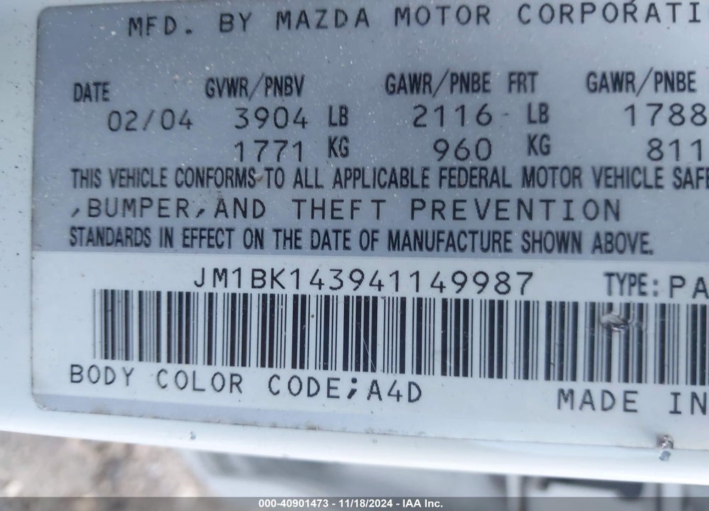 2004 MAZDA 3 S VIN: JM1BK143941149987