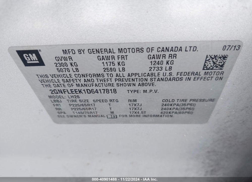 2013 CHEVROLET EQUINOX 1LT VIN: 2GNFLEEK1D6417818