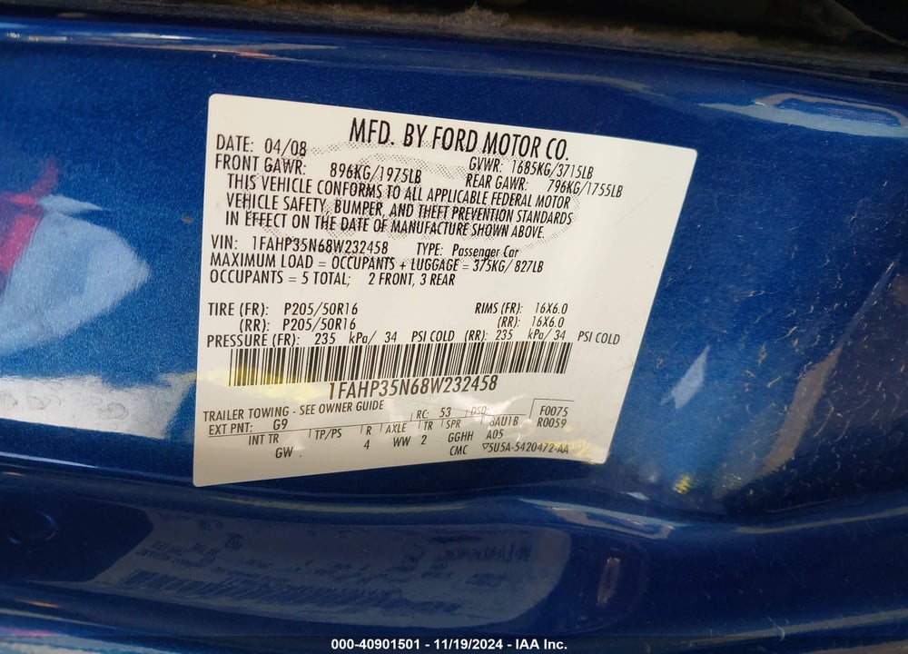 2008 FORD FOCUS SE/SES VIN: 1FAHP35N68W232458