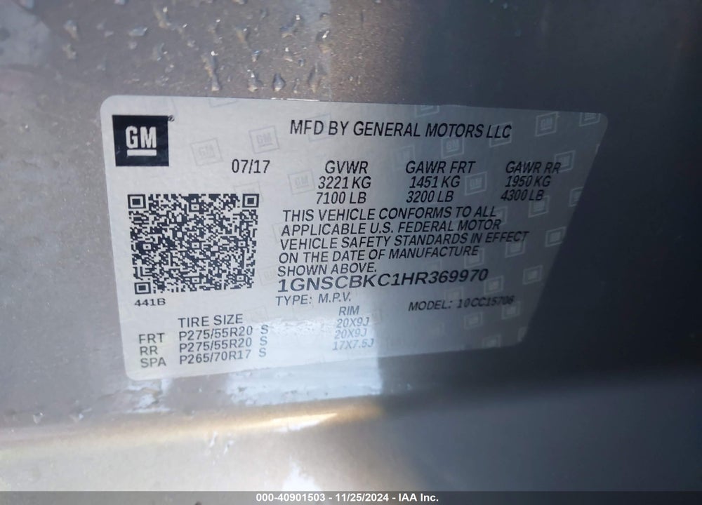 2017 CHEVROLET TAHOE LT VIN: 1GNSCBKC1HR369970