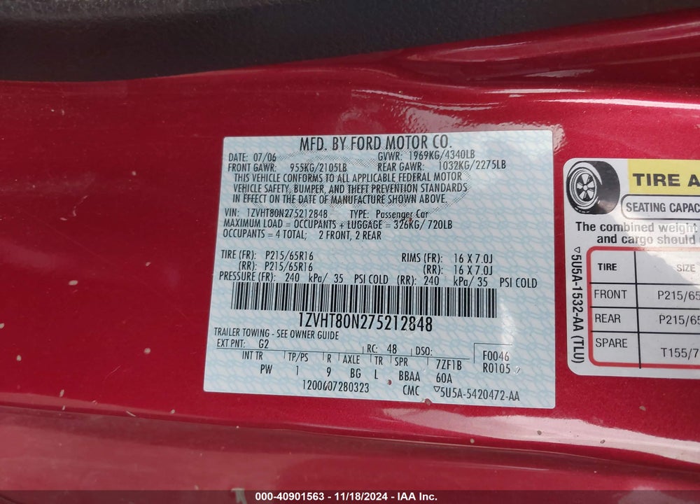 2007 FORD MUSTANG V6 DELUXE/V6 PREMIUM VIN: 1ZVHT80N275212848