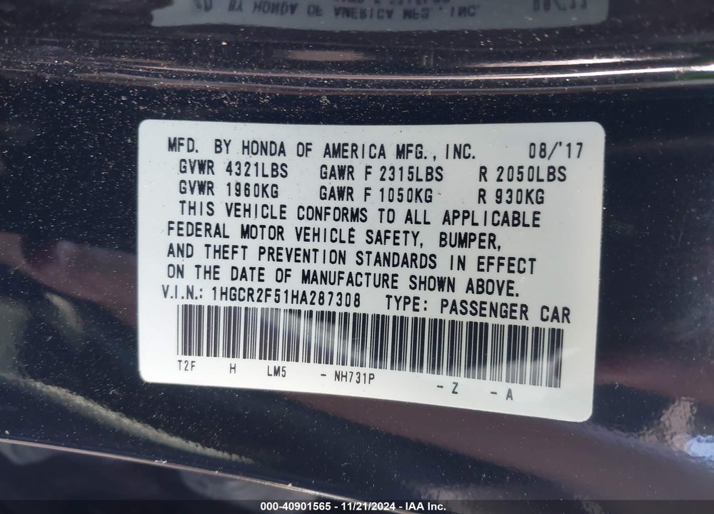2017 HONDA ACCORD SPORT VIN: 1HGCR2F51HA287308
