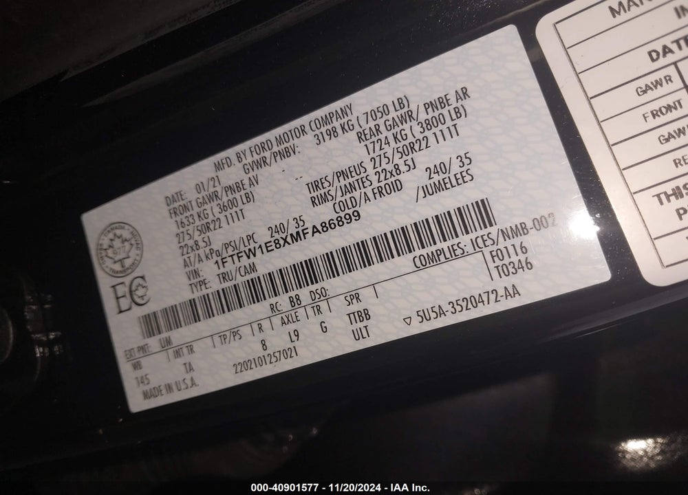 2021 FORD F-150 VIN: 1FTFW1E8XMFA86899