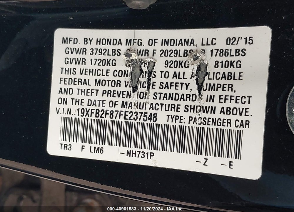 2015 HONDA CIVIC EX VIN: 19XFB2F87FE237548