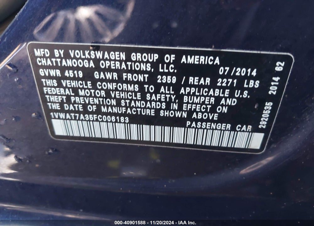 2015 VOLKSWAGEN PASSAT VIN: 1VWAT7A35FC006183