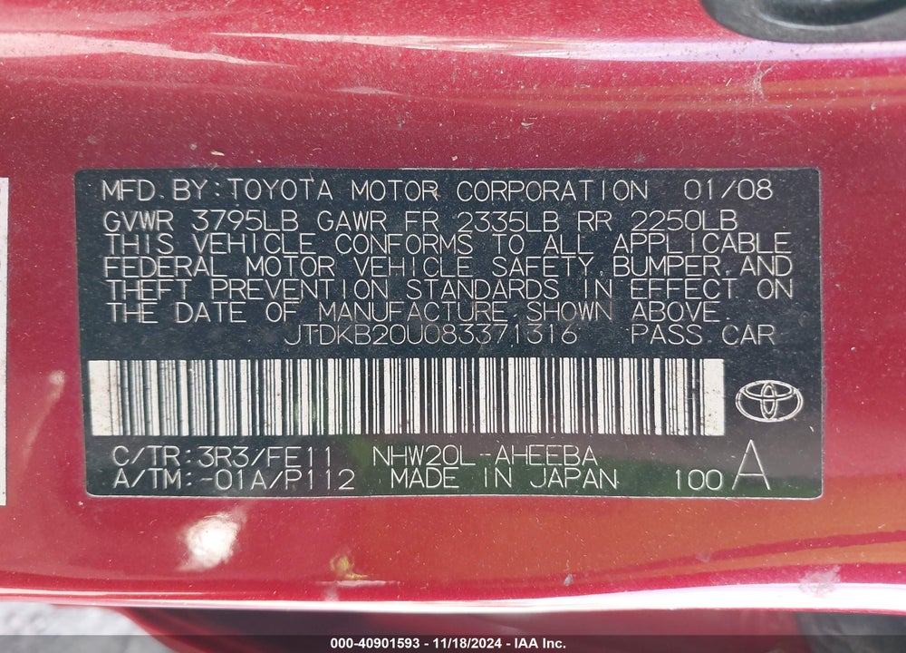 2008 TOYOTA PRIUS VIN: JTDKB20U083371316