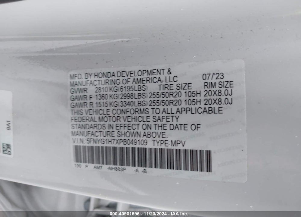 2023 HONDA PILOT AWD TOURING VIN: 5FNYG1H7XPB049109