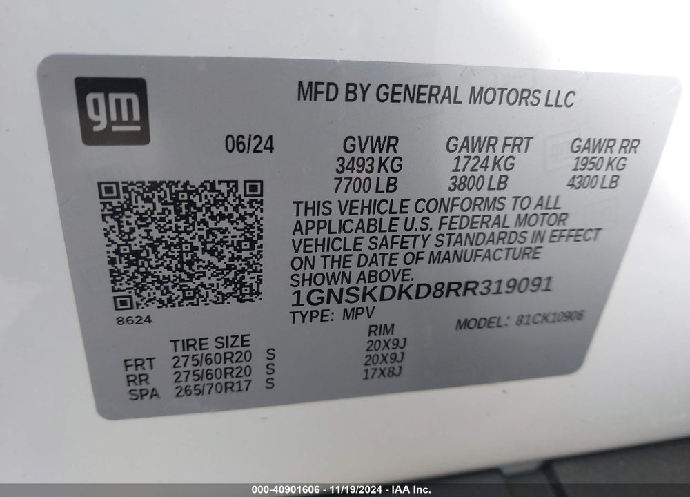 2024 CHEVROLET SUBURBAN 4WD Z71 VIN: 1GNSKDKD8RR319091