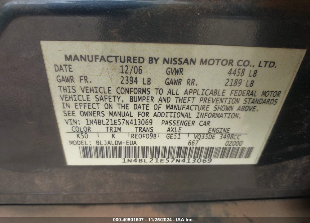 2007 NISSAN ALTIMA 3.5 SE VIN: 1N4BL21E57N413069