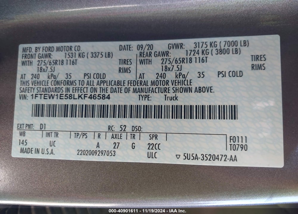 2020 FORD F-150 VIN: 1FTEW1E58LKF46584