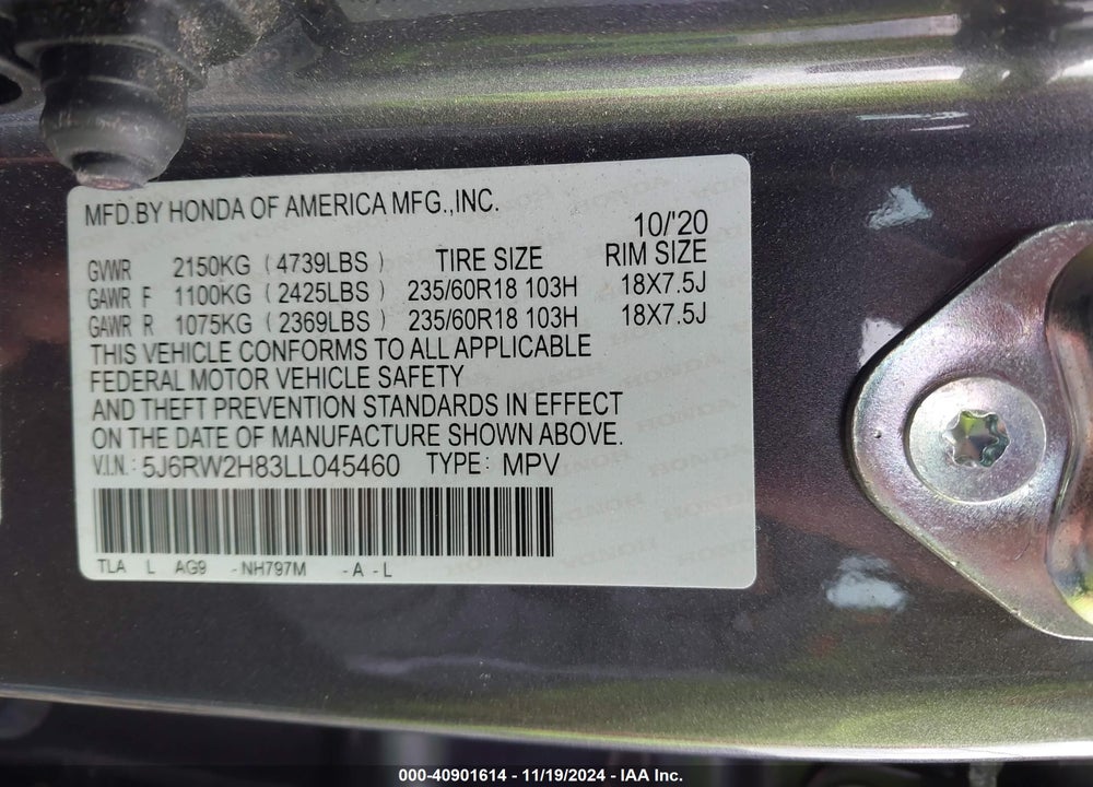 2020 HONDA CR-V AWD EX-L VIN: 5J6RW2H83LL045460