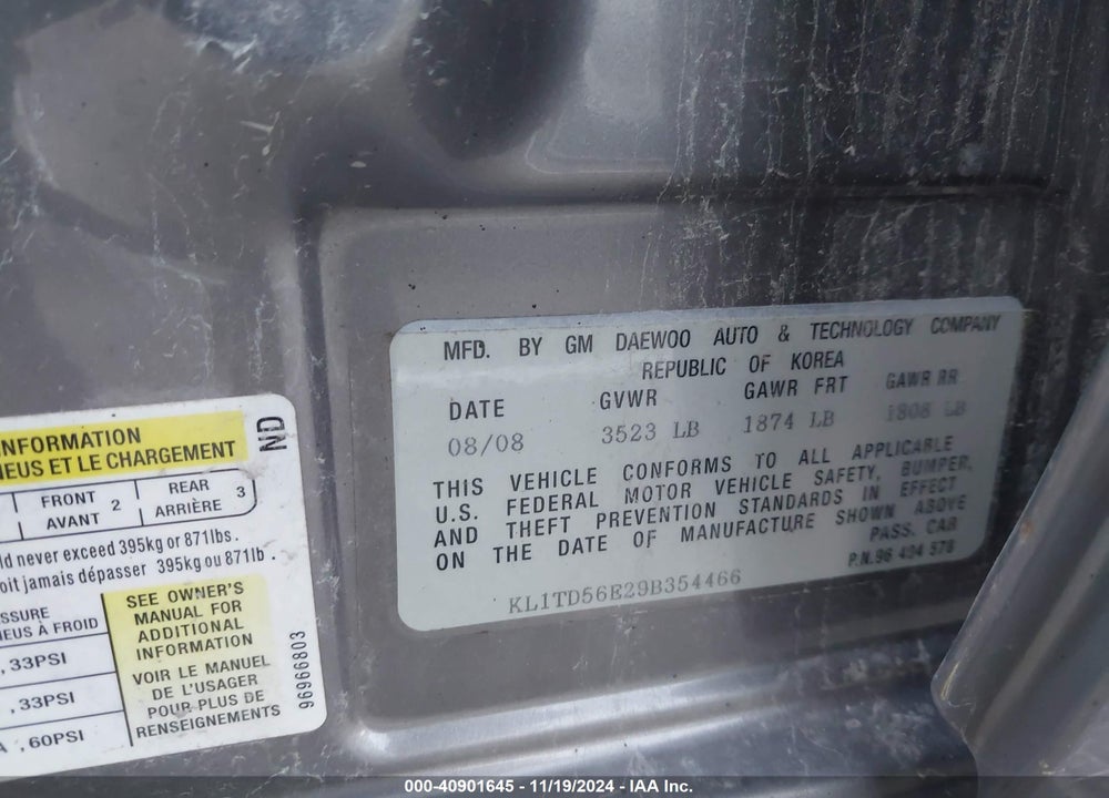 2009 CHEVROLET AVEO LT VIN: KL1TD56E29B354466