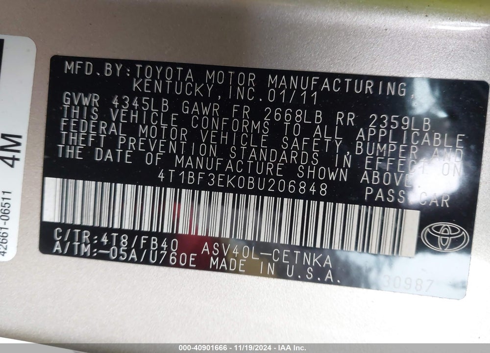 2011 TOYOTA CAMRY LE VIN: 4T1BF3EK0BU206848