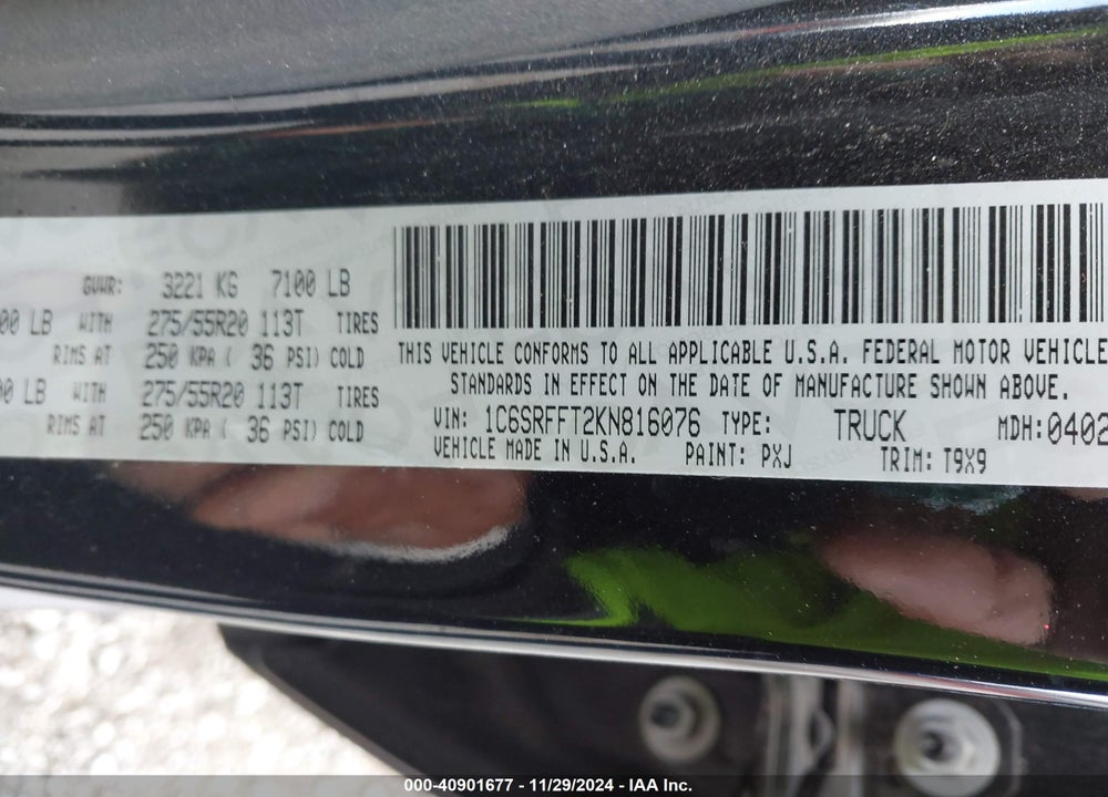 2019 RAM 1500 VIN: 1C6SRFFT2KN816076