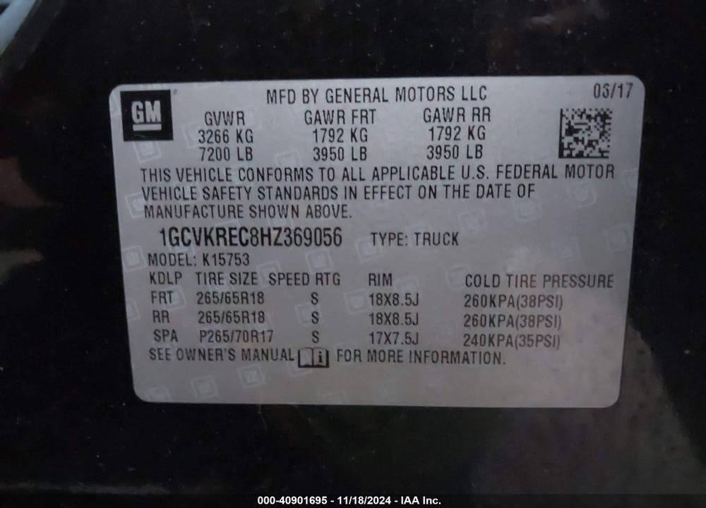 2017 CHEVROLET SILVERADO 1500 2LT VIN: 1GCVKREC8HZ369056