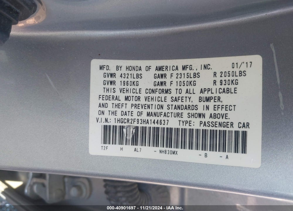 2017 HONDA ACCORD EX-L VIN: 1HGCR2F93HA144637