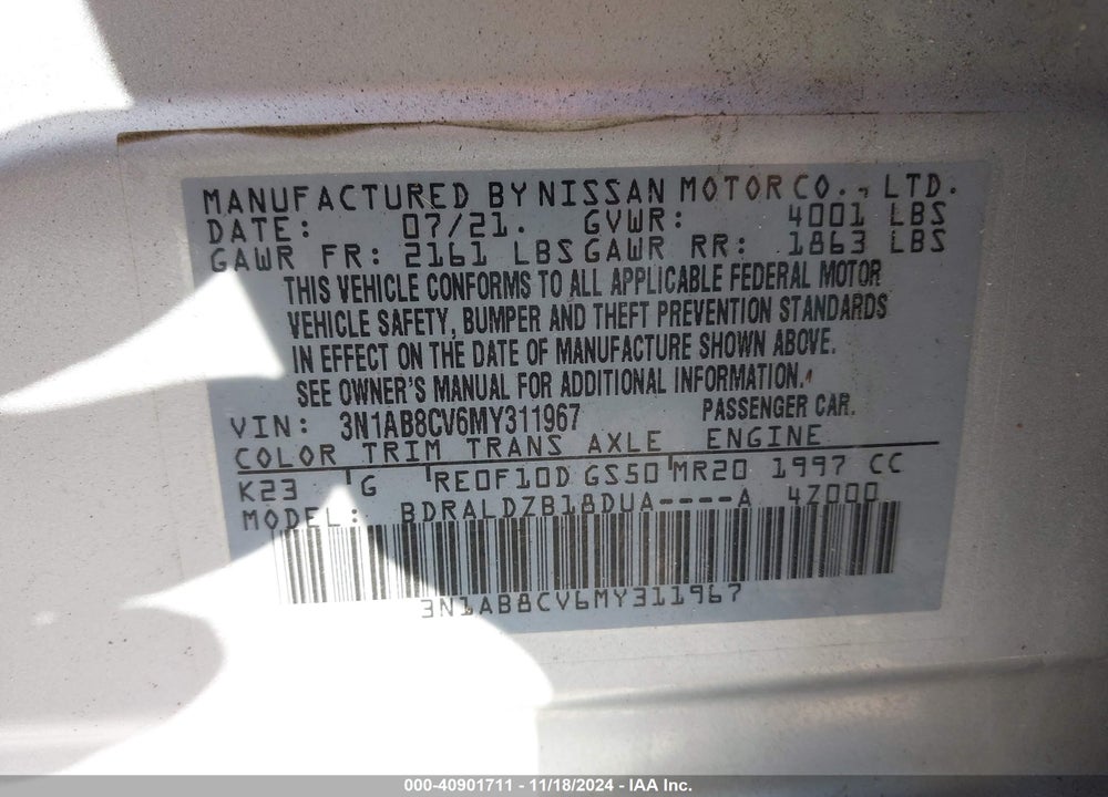 2021 NISSAN SENTRA SV XTRONIC CVT VIN: 3N1AB8CV6MY311967