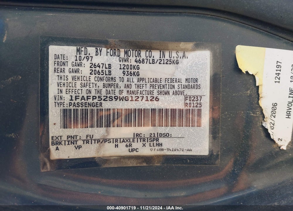 1998 FORD TAURUS LX/SE VIN: 1FAFP52S9WG127126