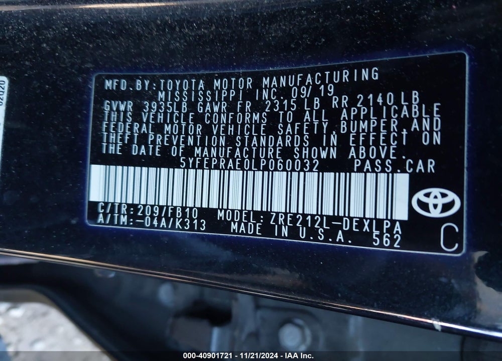 2020 TOYOTA COROLLA LE VIN: 5YFEPRAE0LP060032