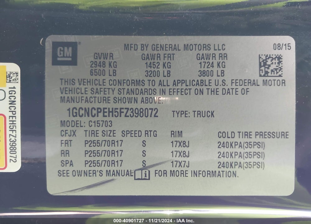 2015 CHEVROLET SILVERADO 1500 WT VIN: 1GCNCPEH5FZ398072